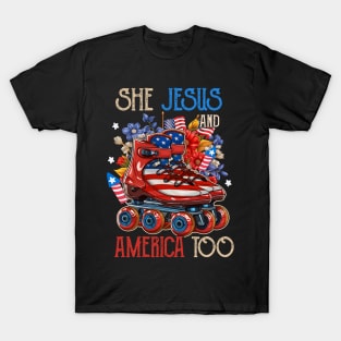 She Loves Jesus and America Christian Patriotic Gift For Women Men T-Shirt